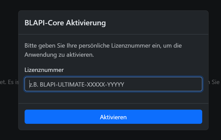 BLAPI-Core Aktivierungsbildschirm