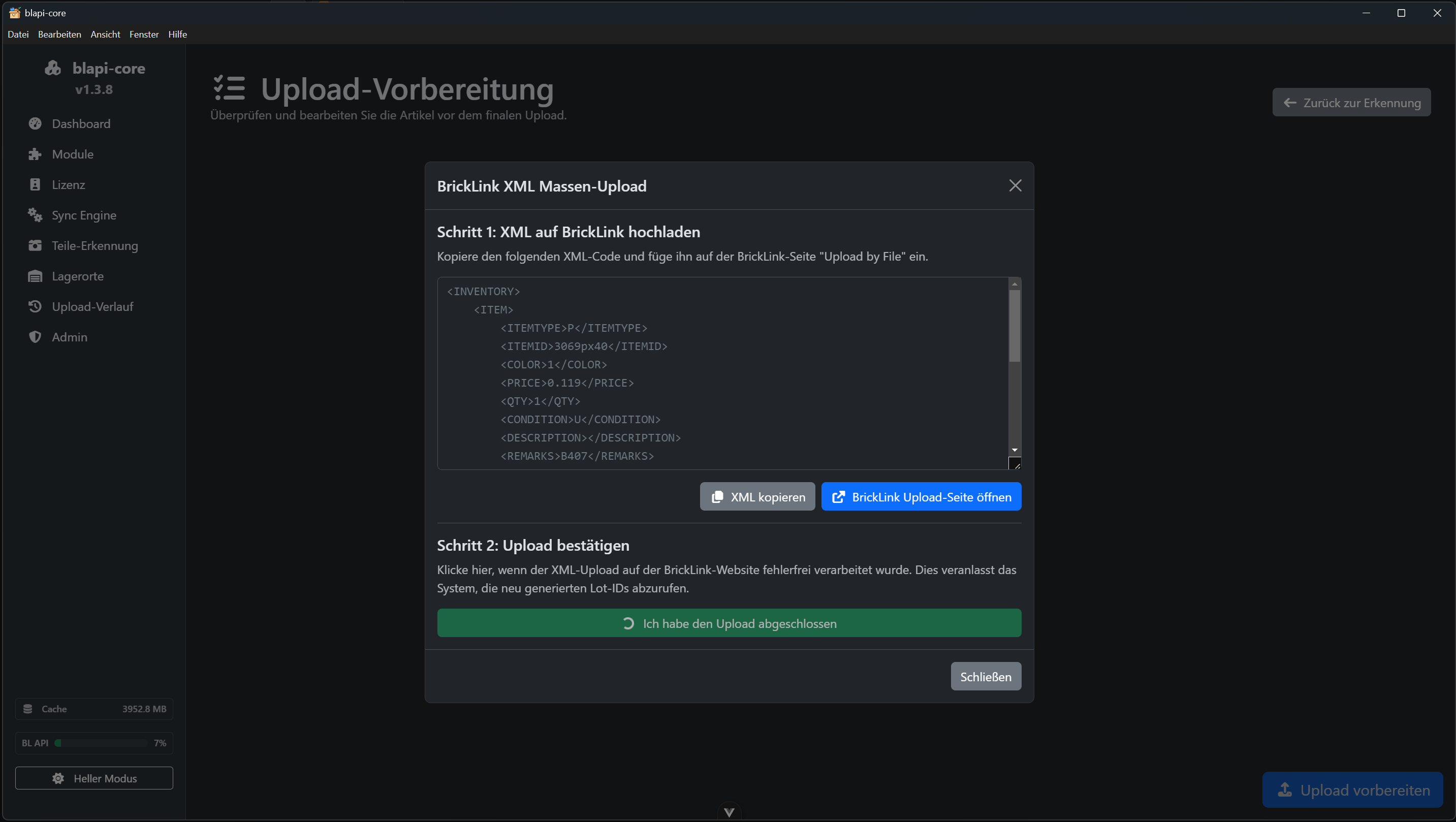 Upload in BLAPI-Core bestätigen