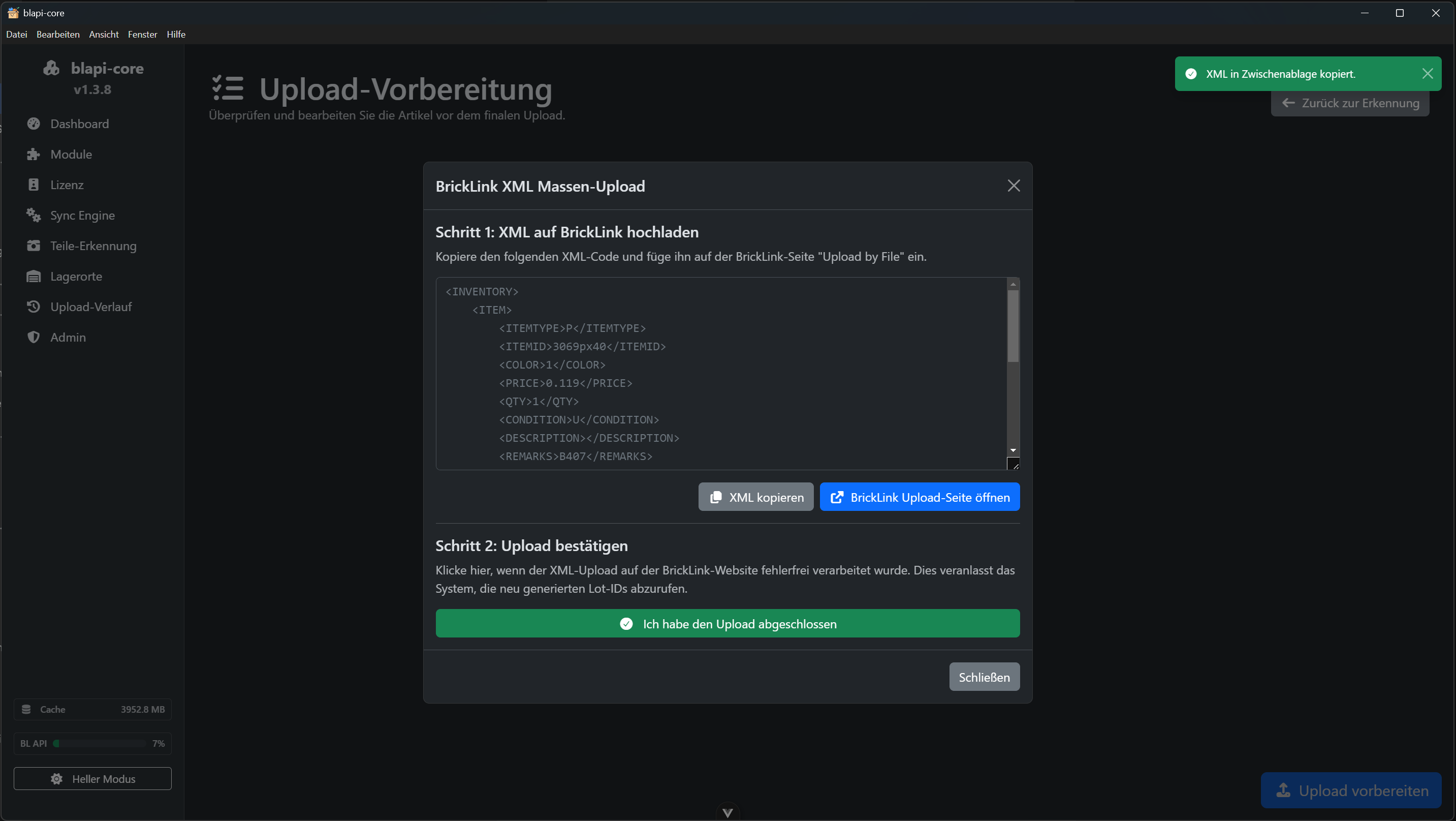 XML kopiert und bereit für BrickLink