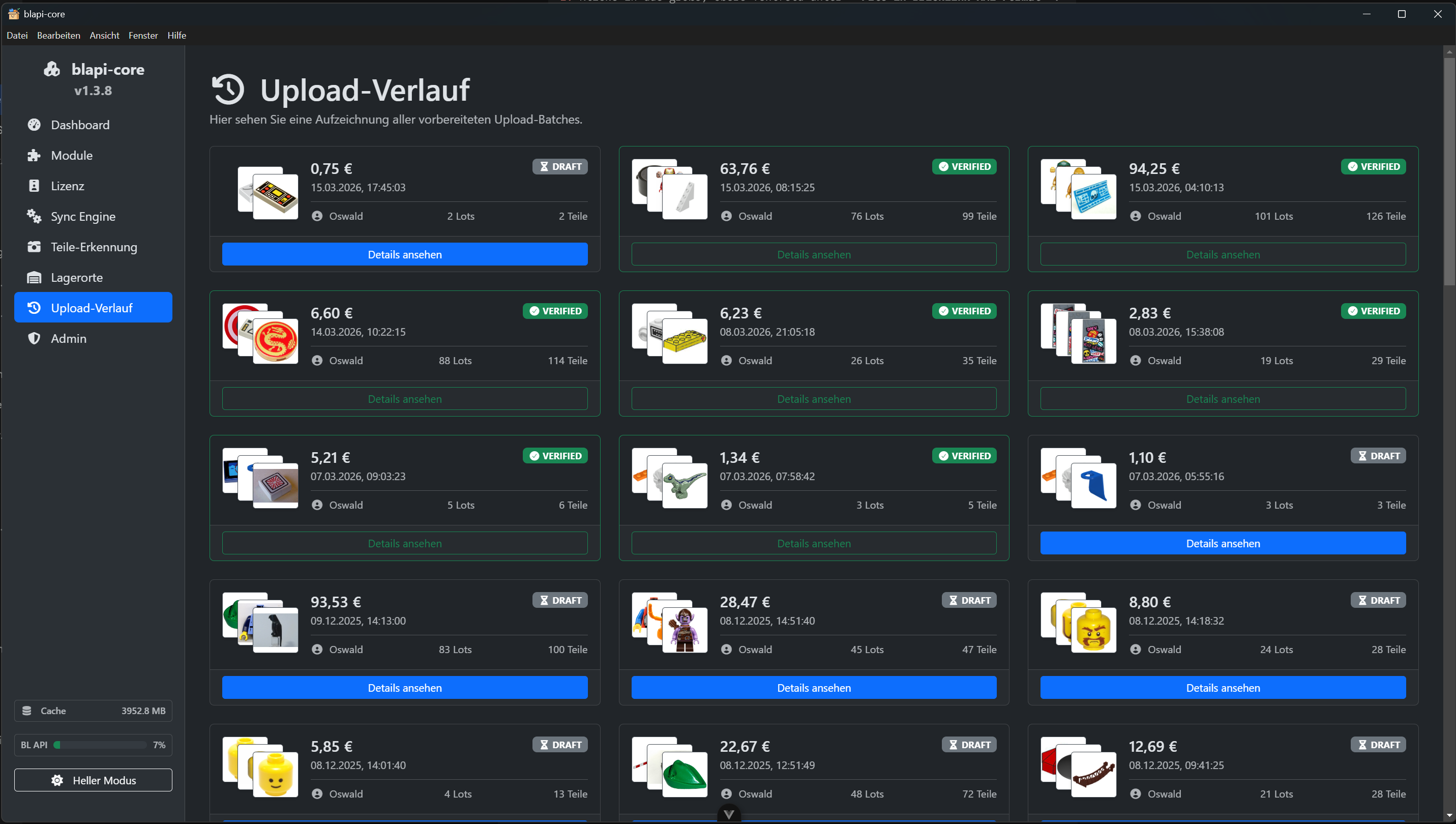 Übersicht des Upload-Verlaufs mit Draft-Status