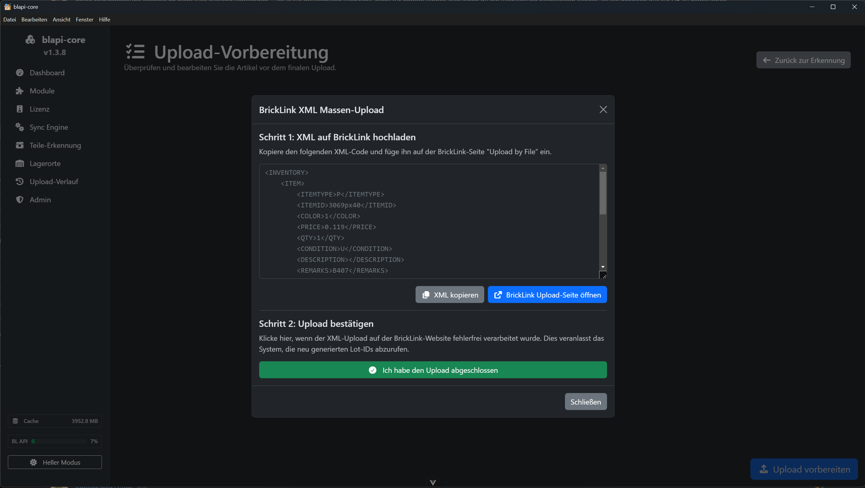 Das XML-Upload Modal