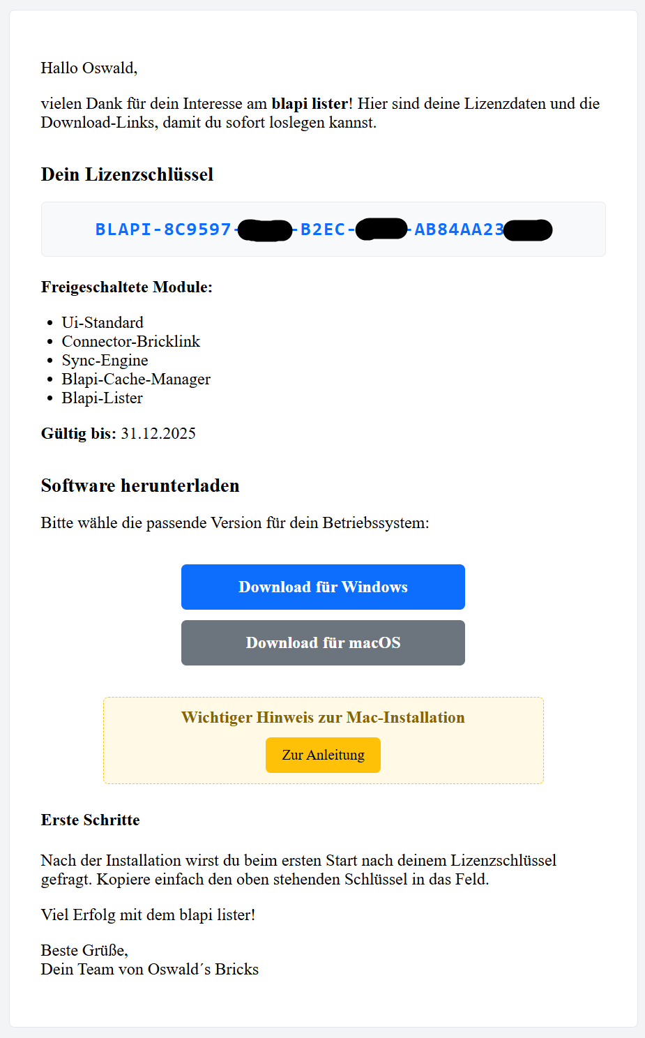 Willkommens-E-Mail mit Lizenzschlüssel und Download-Links